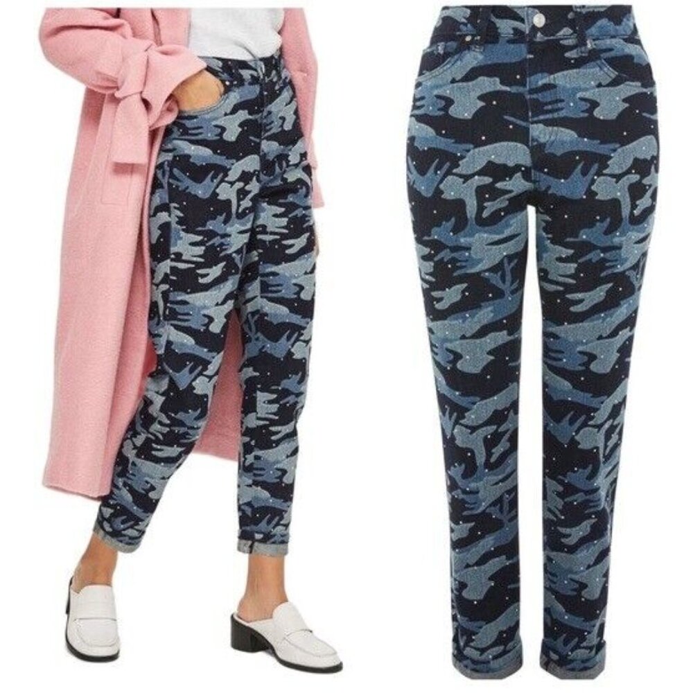 Topshop NEW Moto Mom Jeans High Waisted Jewel Studs Camo Diamante Denim Women's - Picture 6 of 17